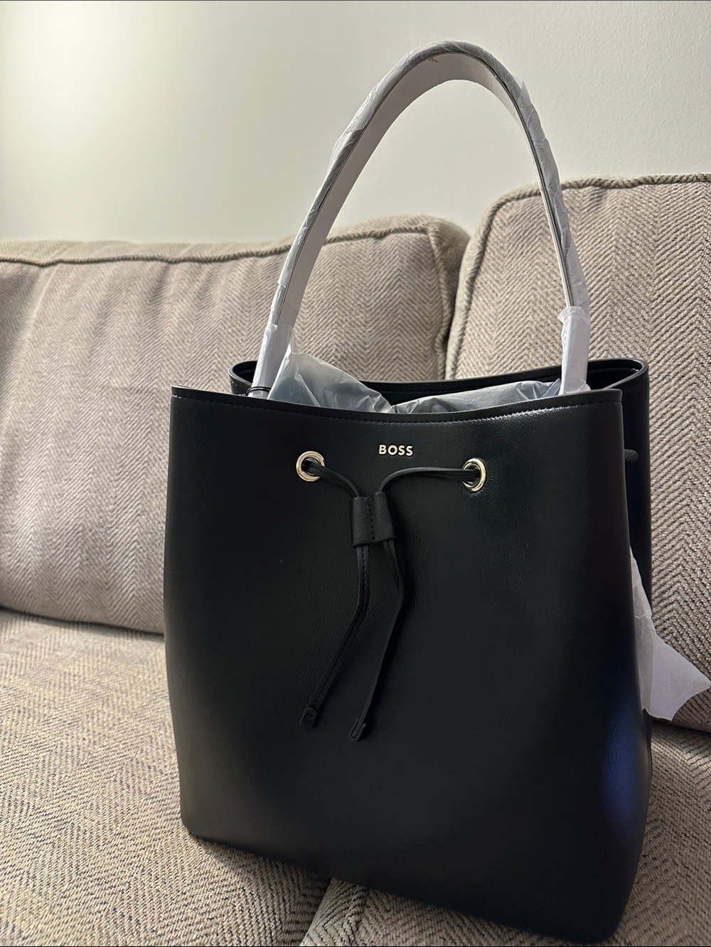 For Her Boss Black Drawstring Shoulder Bag with Gold-Tone Eyelets